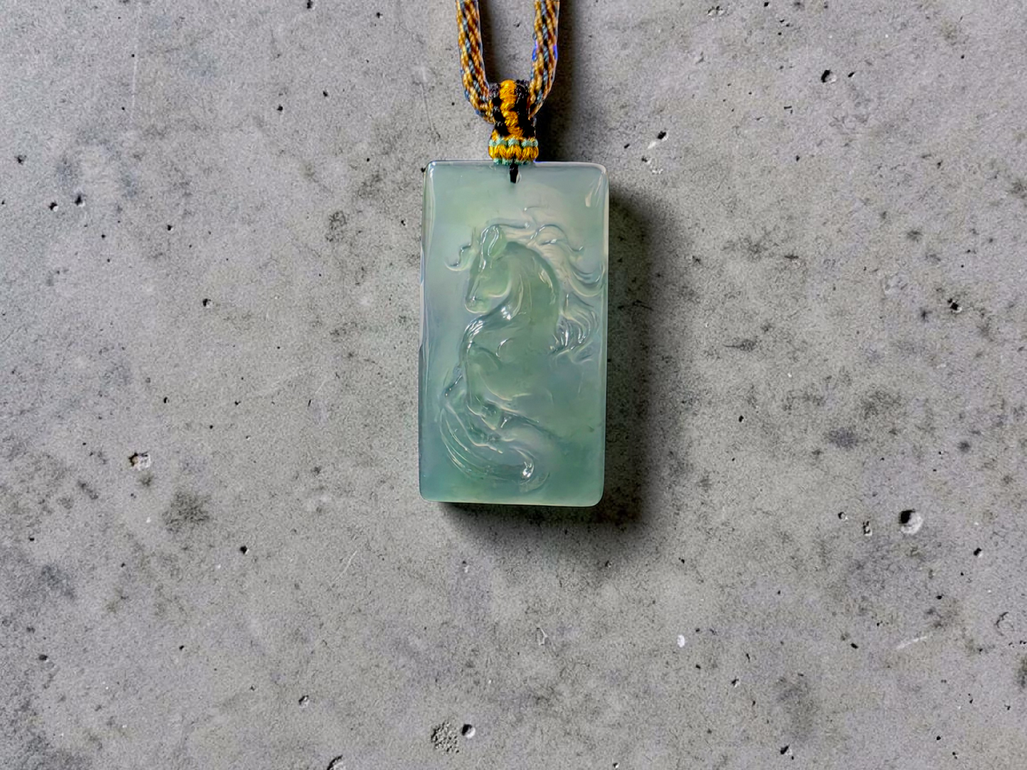 Iwakura Carved Horse Icy Blue Green Burmese A-Jadeite Pendant - Certified