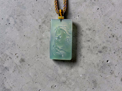 Iwakura Carved Horse Icy Blue Green Burmese A-Jadeite Pendant - Certified