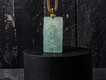 Iwakura Carved Horse Icy Blue Green Burmese A-Jadeite Pendant - Certified
