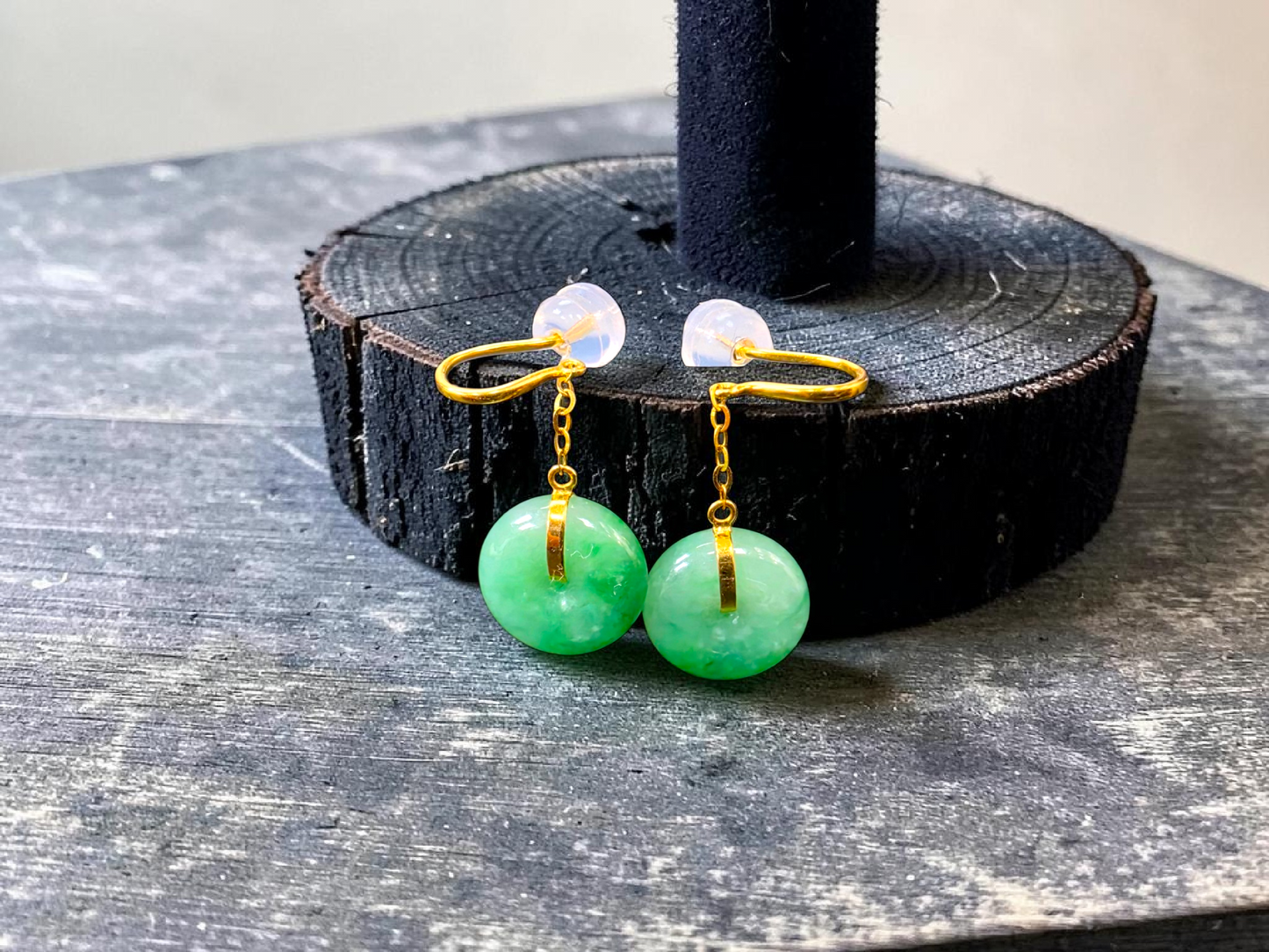 Chiryu Dangling Donut Green Burmese A-Jade French Hook Earrings (with 18K Yellow Gold) - Certified