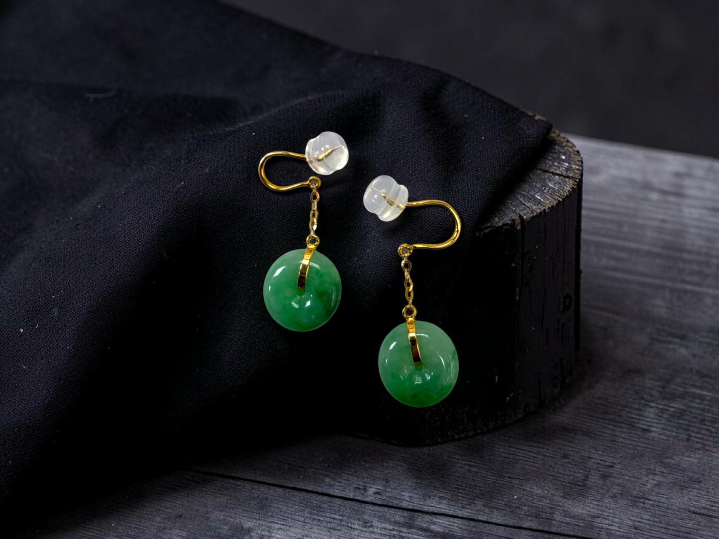Chiryu Dangling Donut Green Burmese A-Jade French Hook Earrings (with 18K Yellow Gold) - Certified