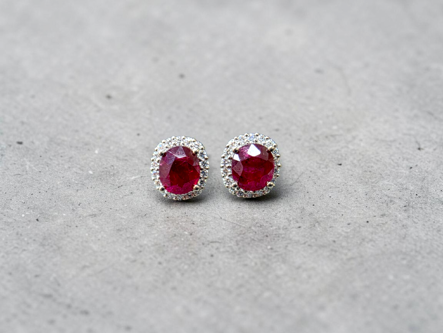 Eternal Sunshine 2.50 cts. Deep Vivid Red Ruby Stud Earrings (with Natural White Diamonds Halo and 18K White Gold) - V5