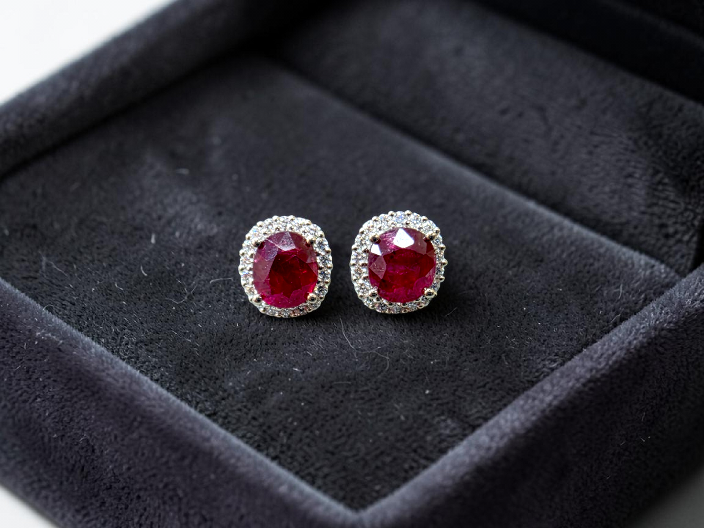 Eternal Sunshine 2.50 cts. Deep Vivid Red Ruby Stud Earrings (with Natural White Diamonds Halo and 18K White Gold) - V5