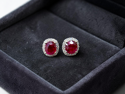 Eternal Sunshine 2.50 cts. Deep Vivid Red Ruby Stud Earrings (with Natural White Diamonds Halo and 18K White Gold) - V5