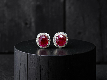 Eternal Sunshine 2.50 cts. Deep Vivid Red Ruby Stud Earrings (with Natural White Diamonds Halo and 18K White Gold) - V5