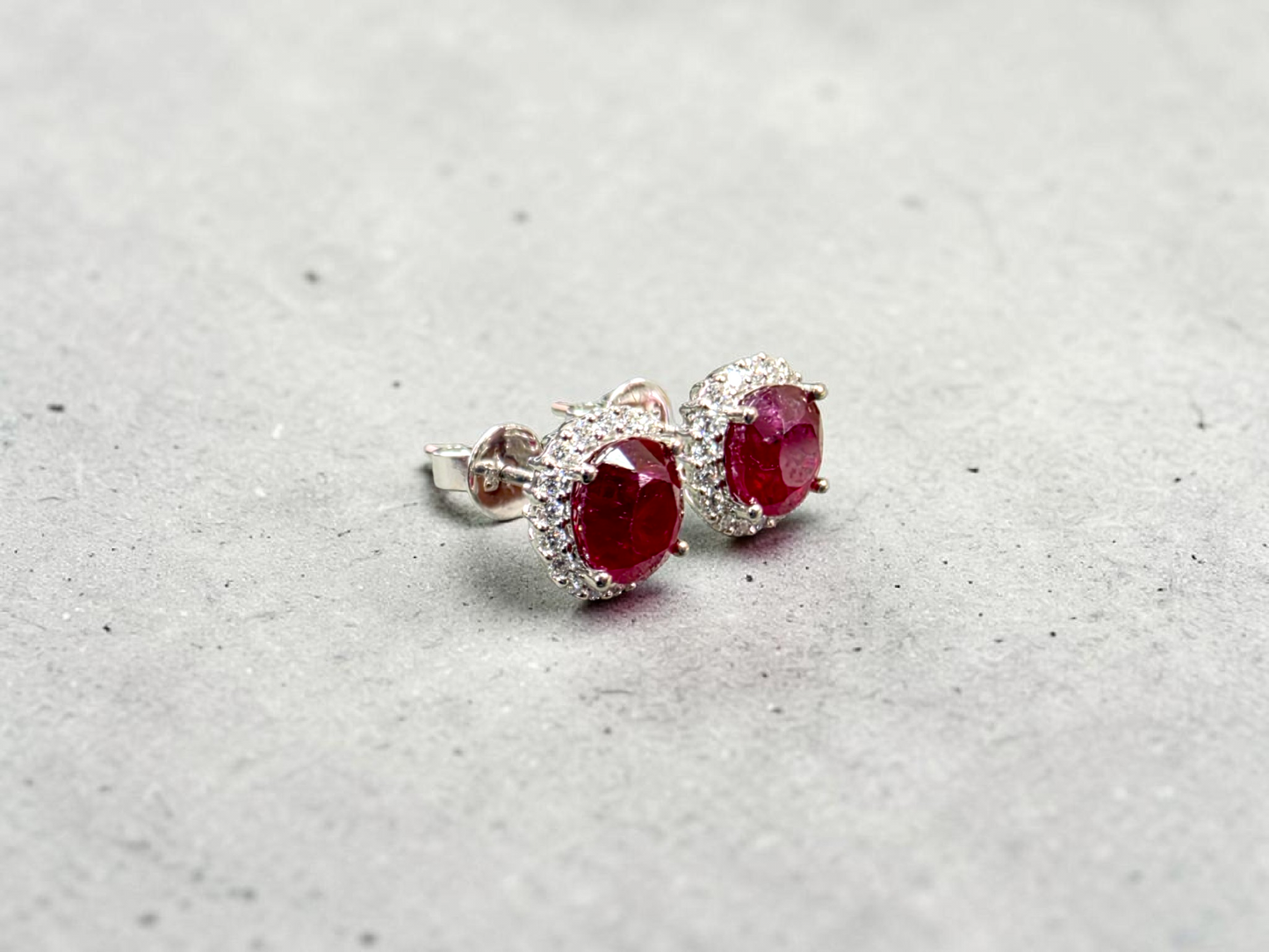 Eternal Sunshine 2.50 cts. Deep Vivid Red Ruby Stud Earrings (with Natural White Diamonds Halo and 18K White Gold) - V5