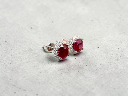 Eternal Sunshine 2.50 cts. Deep Vivid Red Ruby Stud Earrings (with Natural White Diamonds Halo and 18K White Gold) - V5