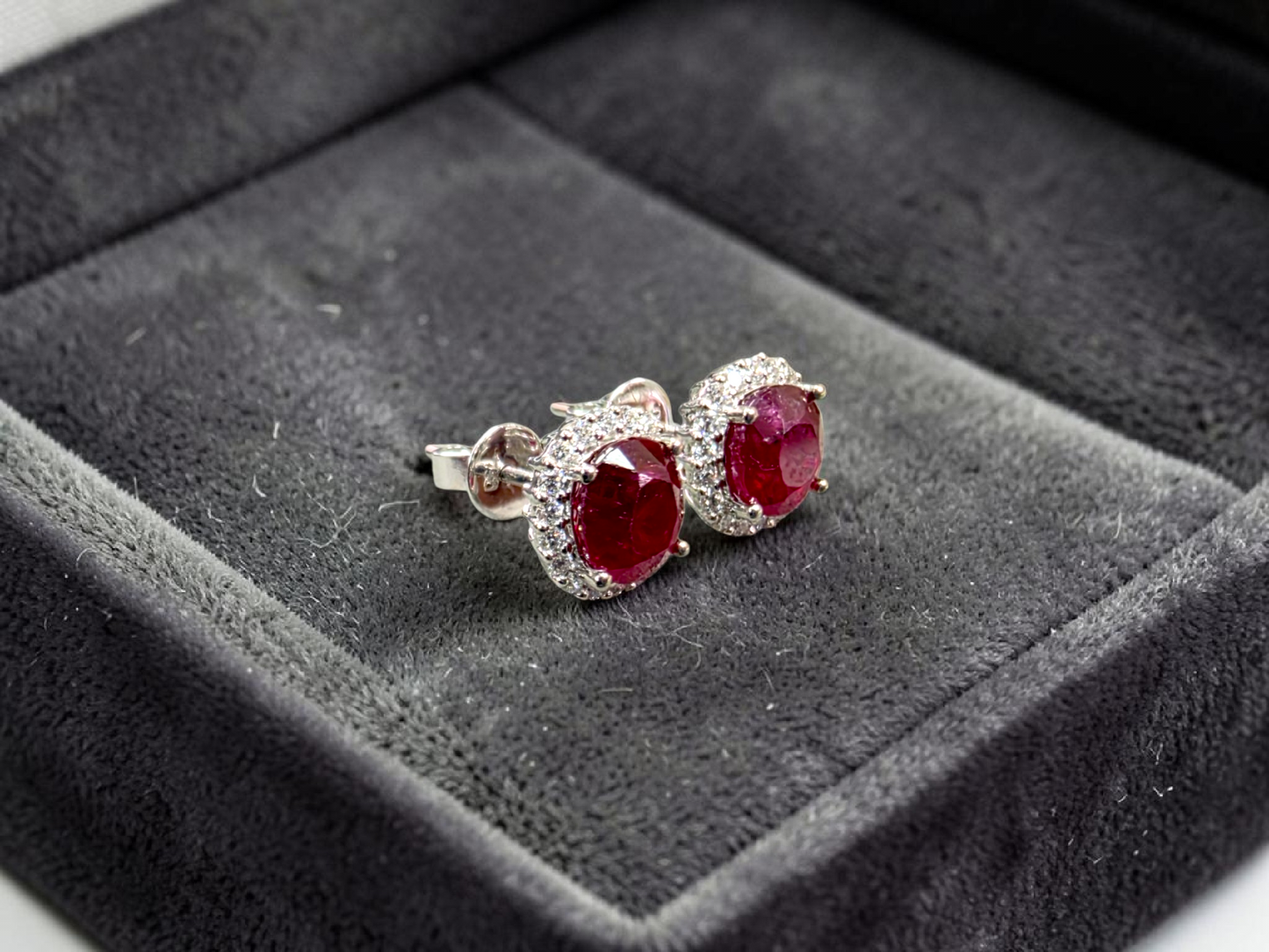 Eternal Sunshine 2.50 cts. Deep Vivid Red Ruby Stud Earrings (with Natural White Diamonds Halo and 18K White Gold) - V5