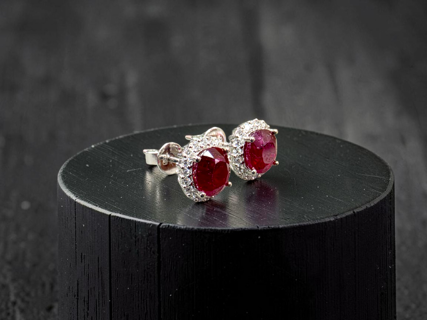 Eternal Sunshine 2.50 cts. Deep Vivid Red Ruby Stud Earrings (with Natural White Diamonds Halo and 18K White Gold) - V5