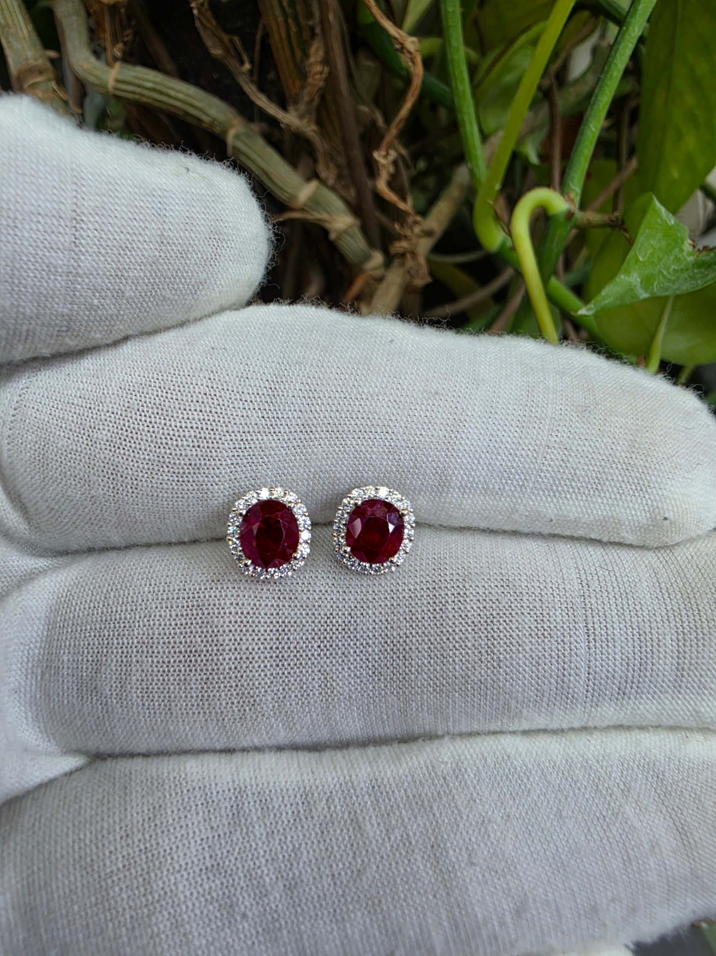 Eternal Sunshine 2.50 cts. Deep Vivid Red Ruby Stud Earrings (with Natural White Diamonds Halo and 18K White Gold) - V5