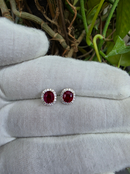 Eternal Sunshine 2.50 cts. Deep Vivid Red Ruby Stud Earrings (with Natural White Diamonds Halo and 18K White Gold) - V5