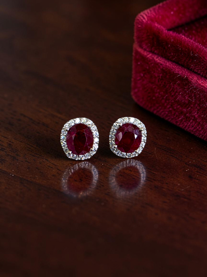 Eternal Sunshine 2.50 cts. Deep Vivid Red Ruby Stud Earrings (with Natural White Diamonds Halo and 18K White Gold) - V5