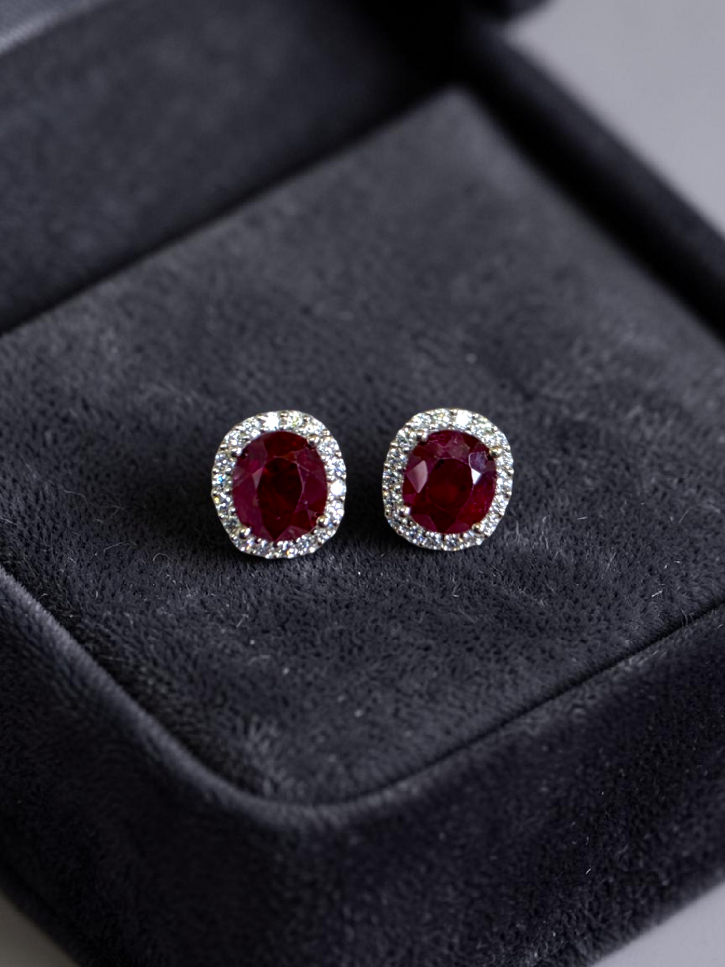 Eternal Sunshine 2.50 cts. Deep Vivid Red Ruby Stud Earrings (with Natural White Diamonds Halo and 18K White Gold) - V5