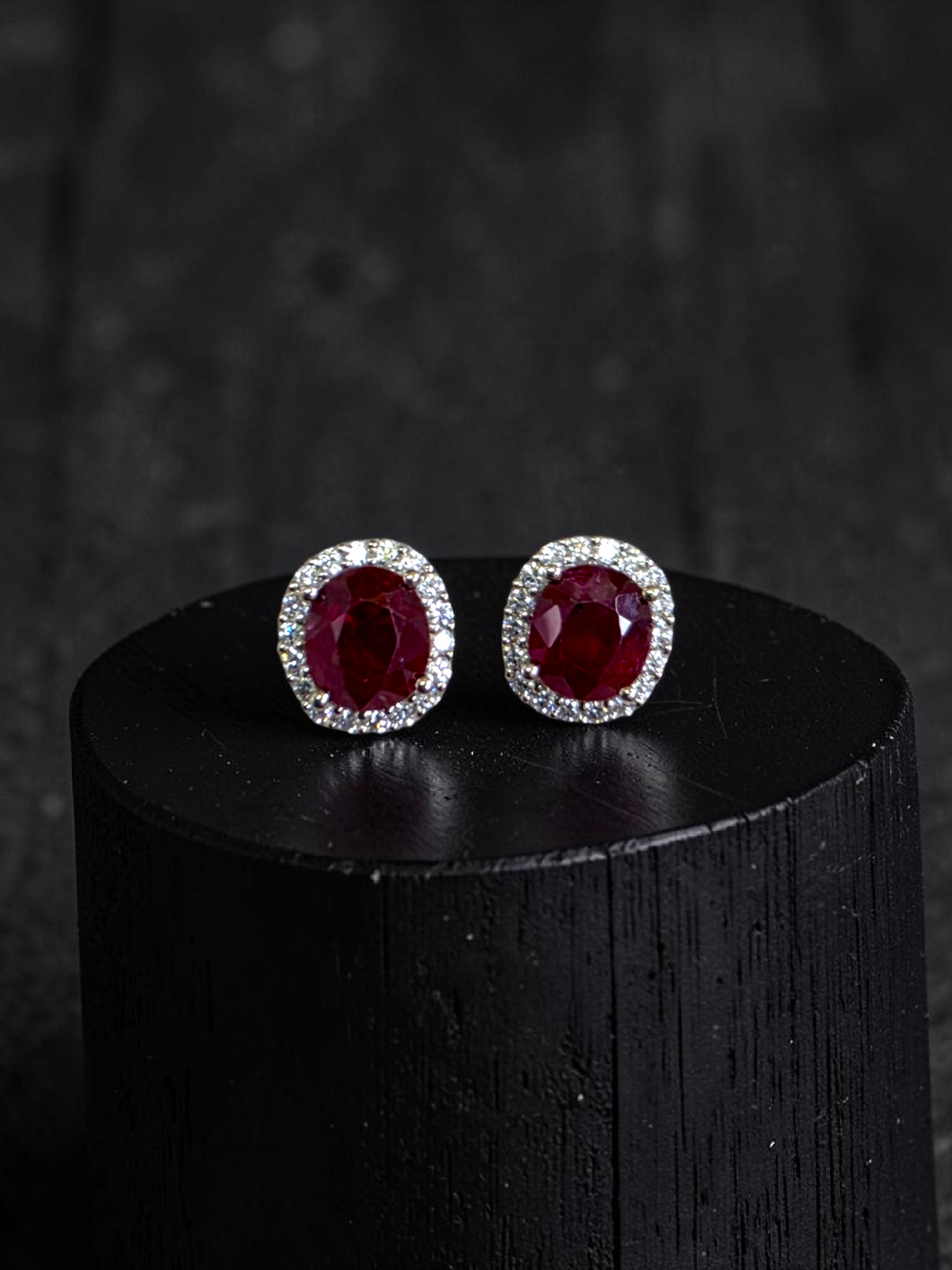 Eternal Sunshine 2.50 cts. Deep Vivid Red Ruby Stud Earrings (with Natural White Diamonds Halo and 18K White Gold) - V5