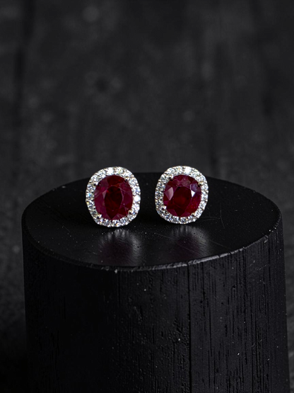 Eternal Sunshine 2.50 cts. Deep Vivid Red Ruby Stud Earrings (with Natural White Diamonds Halo and 18K White Gold) - V5