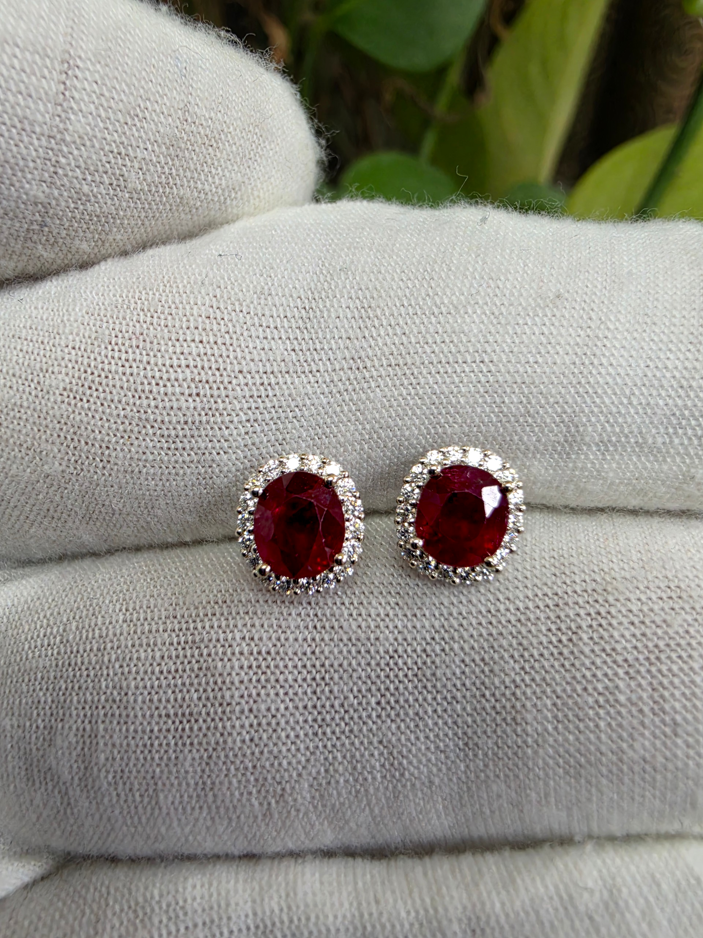 Eternal Sunshine 2.50 cts. Deep Vivid Red Ruby Stud Earrings (with Natural White Diamonds Halo and 18K White Gold) - V5