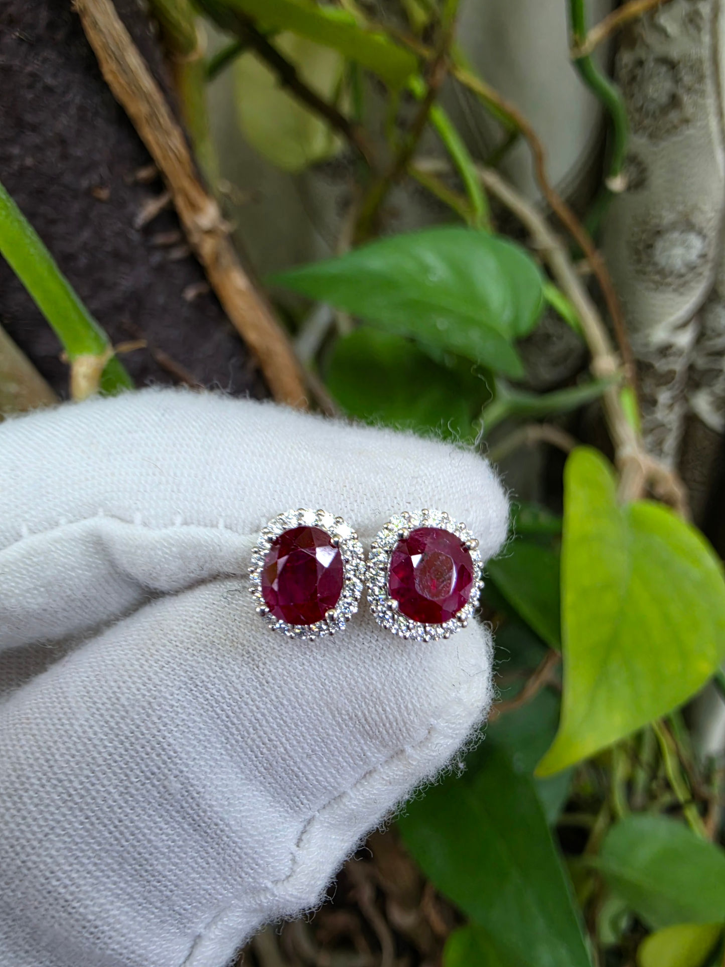 Eternal Sunshine 2.50 cts. Deep Vivid Red Ruby Stud Earrings (with Natural White Diamonds Halo and 18K White Gold) - V5