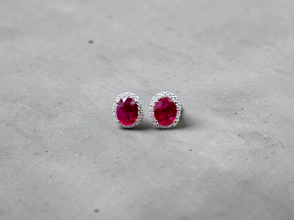 Eternal Sunshine 2.50 cts. Deep Vivid Red Ruby Stud Earrings (with Natural White Diamonds Halo and 18K White Gold) - V6