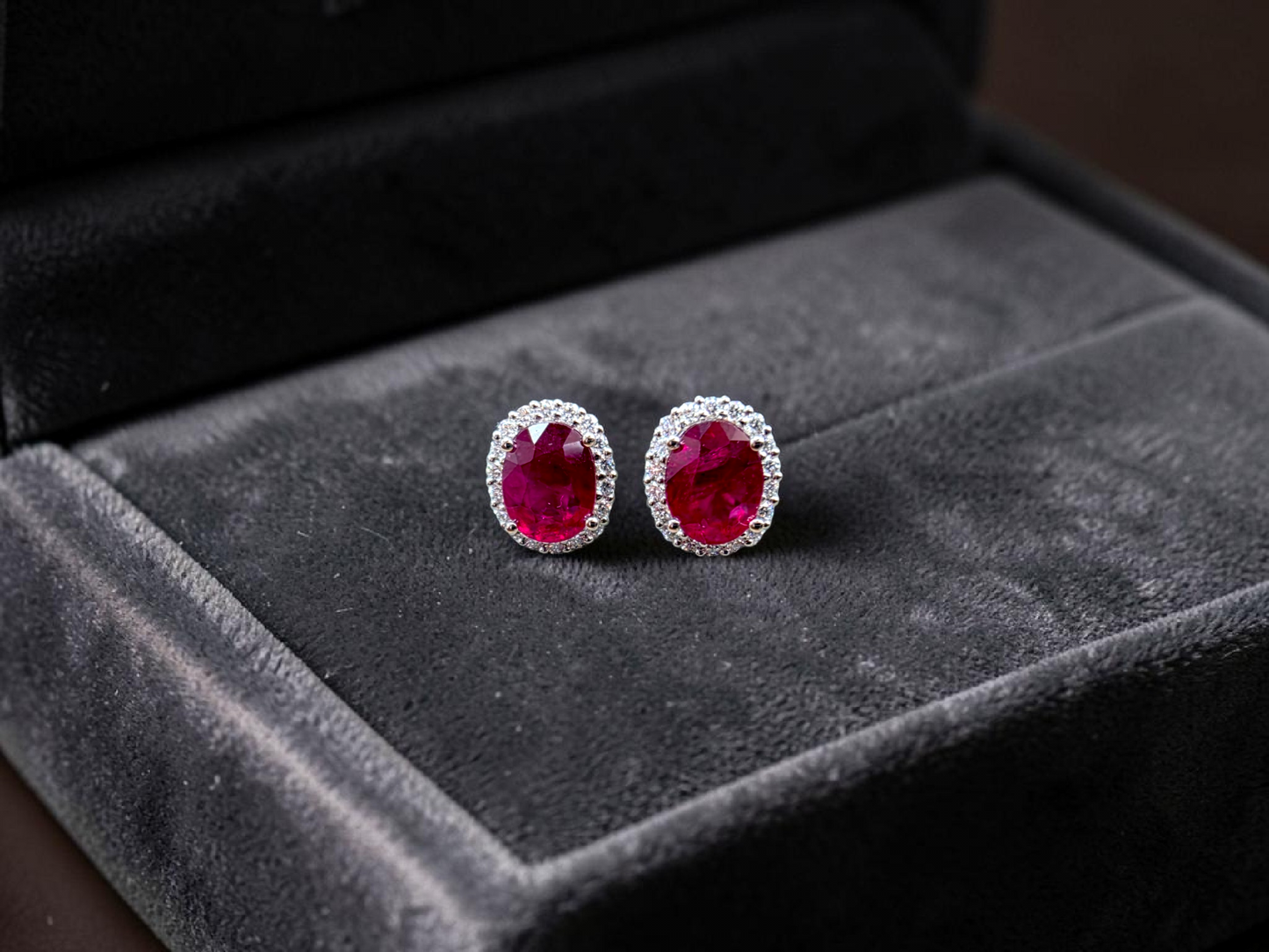 Eternal Sunshine 2.50 cts. Deep Vivid Red Ruby Stud Earrings (with Natural White Diamonds Halo and 18K White Gold) - V6
