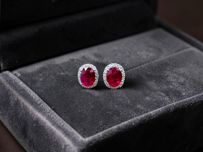 Eternal Sunshine 2.50 cts. Deep Vivid Red Ruby Stud Earrings (with Natural White Diamonds Halo and 18K White Gold) - V6