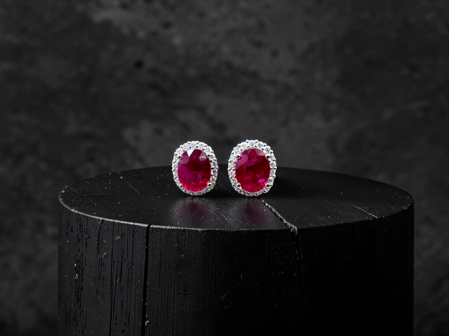 Eternal Sunshine 2.50 cts. Deep Vivid Red Ruby Stud Earrings (with Natural White Diamonds Halo and 18K White Gold) - V6