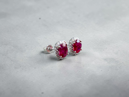 Eternal Sunshine 2.50 cts. Deep Vivid Red Ruby Stud Earrings (with Natural White Diamonds Halo and 18K White Gold) - V6