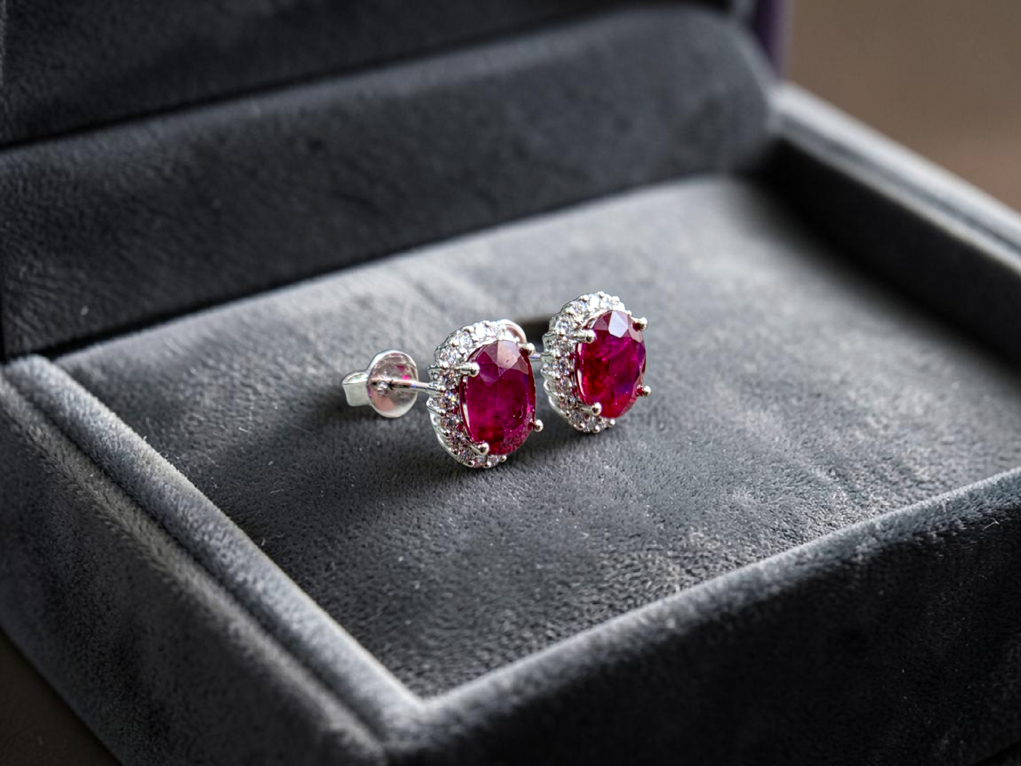 Eternal Sunshine 2.50 cts. Deep Vivid Red Ruby Stud Earrings (with Natural White Diamonds Halo and 18K White Gold) - V6