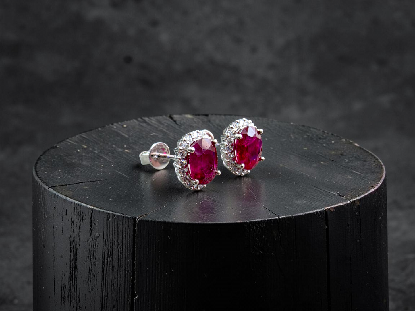 Eternal Sunshine 2.50 cts. Deep Vivid Red Ruby Stud Earrings (with Natural White Diamonds Halo and 18K White Gold) - V6