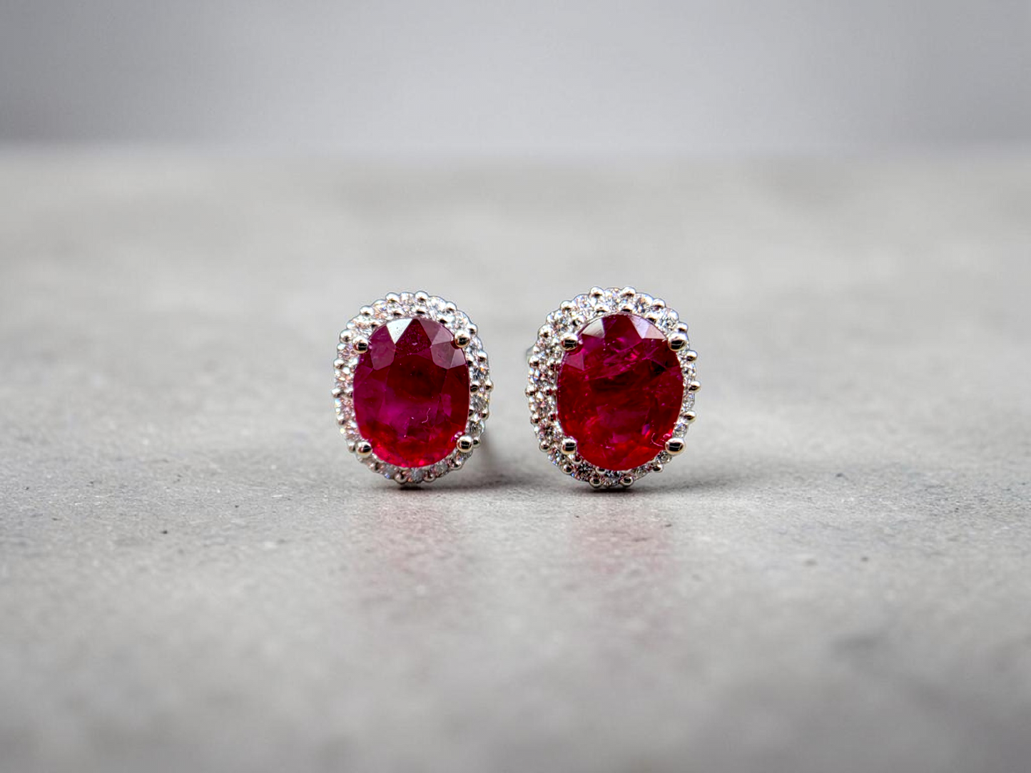 Eternal Sunshine 2.50 cts. Deep Vivid Red Ruby Stud Earrings (with Natural White Diamonds Halo and 18K White Gold) - V6