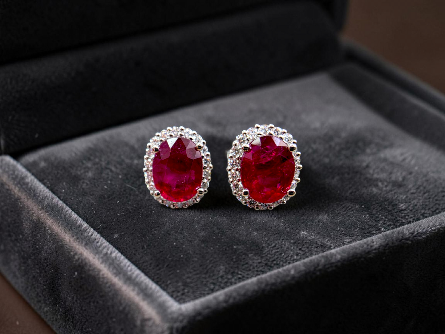 Eternal Sunshine 2.50 cts. Deep Vivid Red Ruby Stud Earrings (with Natural White Diamonds Halo and 18K White Gold) - V6