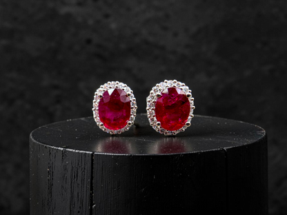 Eternal Sunshine 2.50 cts. Deep Vivid Red Ruby Stud Earrings (with Natural White Diamonds Halo and 18K White Gold) - V6