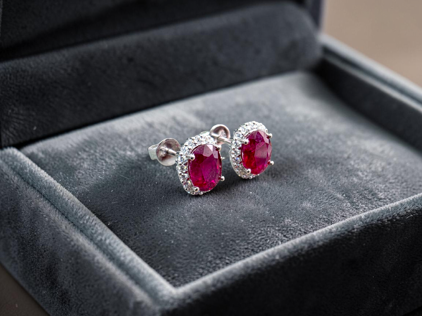Eternal Sunshine 2.50 cts. Deep Vivid Red Ruby Stud Earrings (with Natural White Diamonds Halo and 18K White Gold) - V6