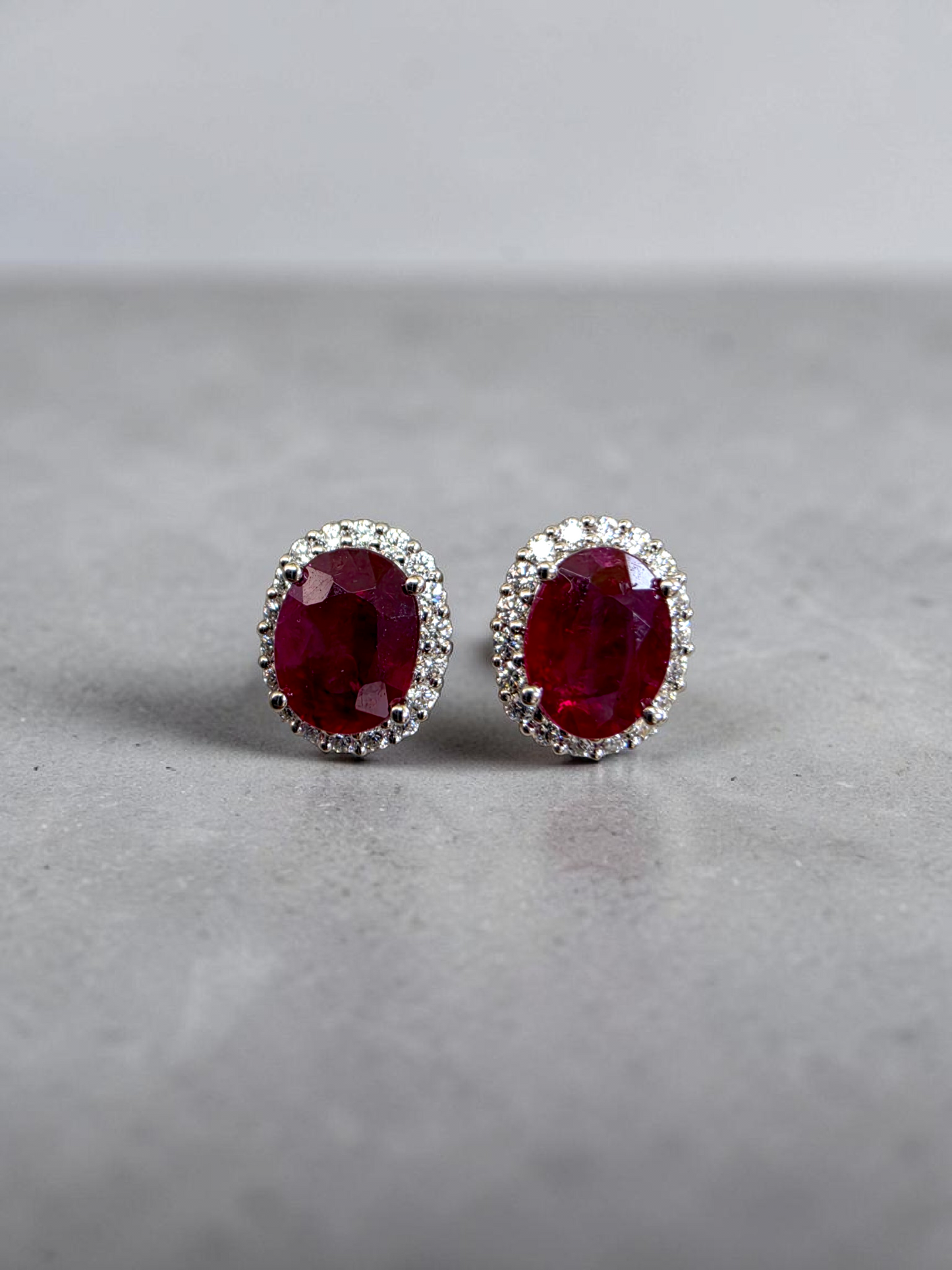 Eternal Sunshine 2.50 cts. Deep Vivid Red Ruby Stud Earrings (with Natural White Diamonds Halo and 18K White Gold) - V6