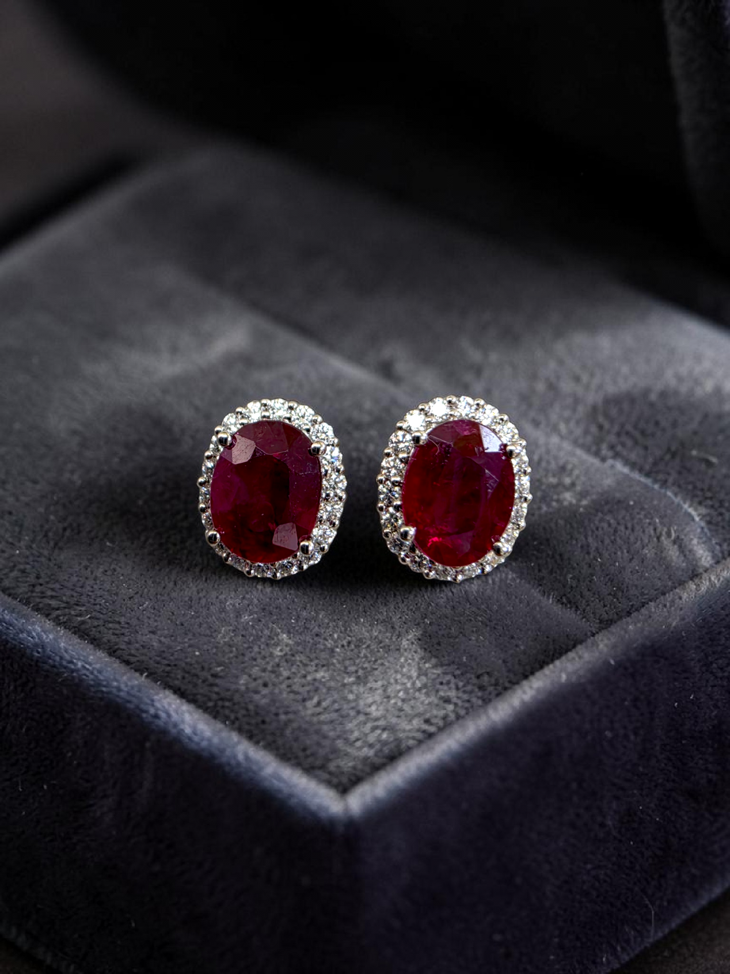Eternal Sunshine 2.50 cts. Deep Vivid Red Ruby Stud Earrings (with Natural White Diamonds Halo and 18K White Gold) - V6