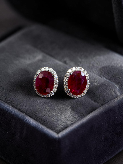 Eternal Sunshine 2.50 cts. Deep Vivid Red Ruby Stud Earrings (with Natural White Diamonds Halo and 18K White Gold) - V6