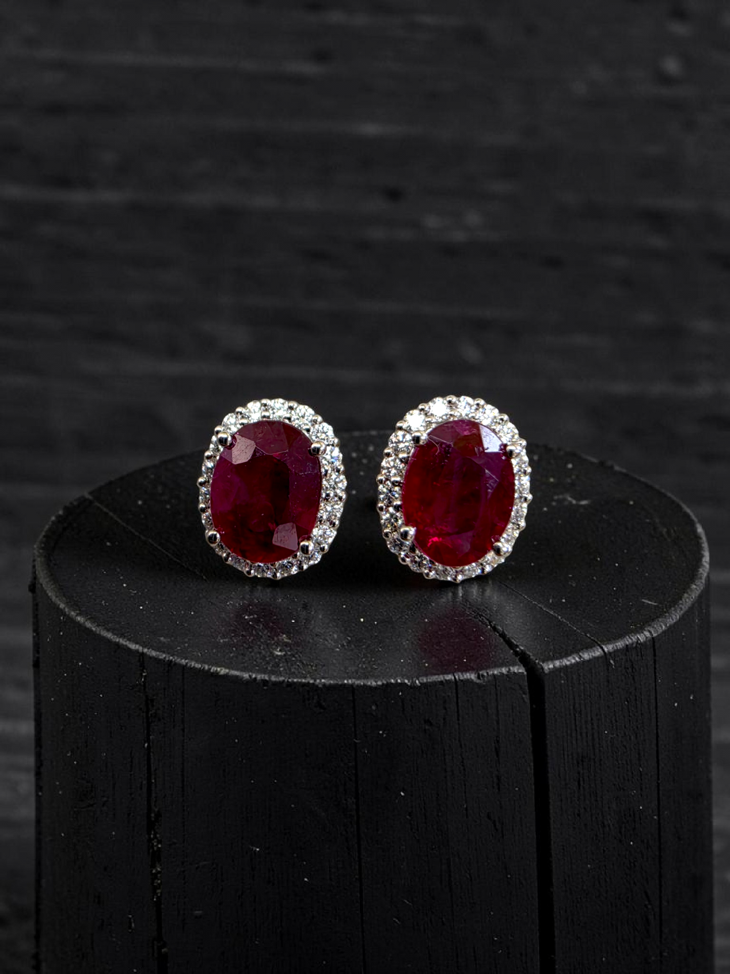Eternal Sunshine 2.50 cts. Deep Vivid Red Ruby Stud Earrings (with Natural White Diamonds Halo and 18K White Gold) - V6
