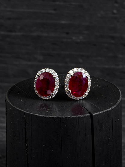 Eternal Sunshine 2.50 cts. Deep Vivid Red Ruby Stud Earrings (with Natural White Diamonds Halo and 18K White Gold) - V6
