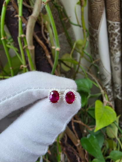 Eternal Sunshine 2.50 cts. Deep Vivid Red Ruby Stud Earrings (with Natural White Diamonds Halo and 18K White Gold) - V6