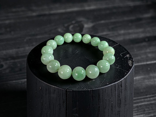 Japanese Winter Green Burmese A-Jade Beaded Bracelet (MADE IN JAPAN) (12.00 - 12.50 mm Each x 16 beads) 05052