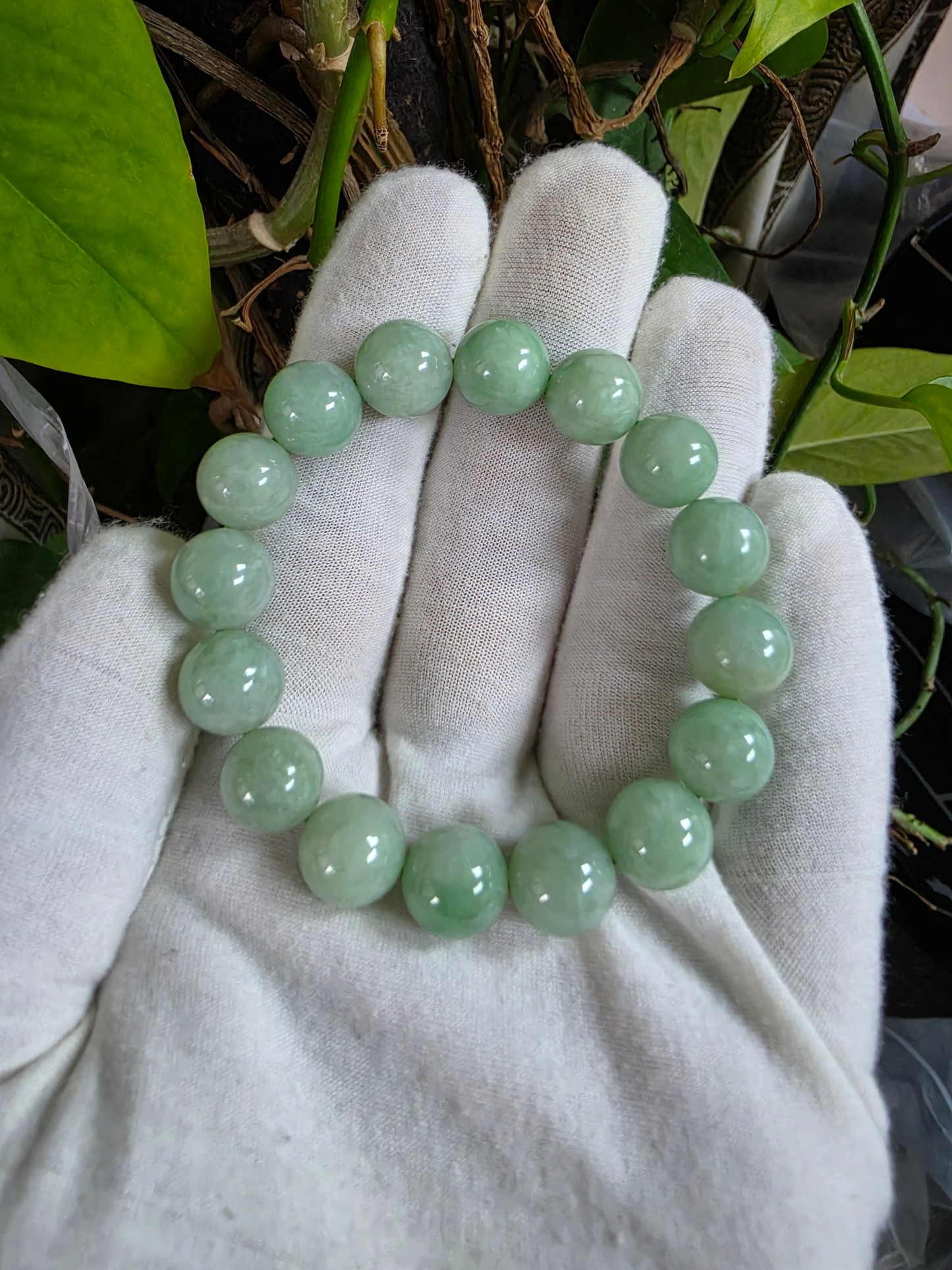 Japanese Winter Green Burmese A-Jade Beaded Bracelet (MADE IN JAPAN) (12.00 - 12.50 mm Each x 16 beads) 05052