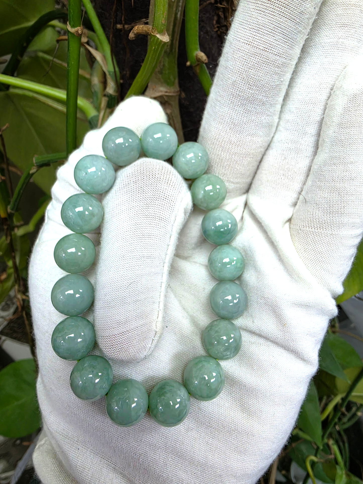 Japanese Winter Green Burmese A-Jade Beaded Bracelet (MADE IN JAPAN) (12.00 - 12.50 mm Each x 17 beads) 05054