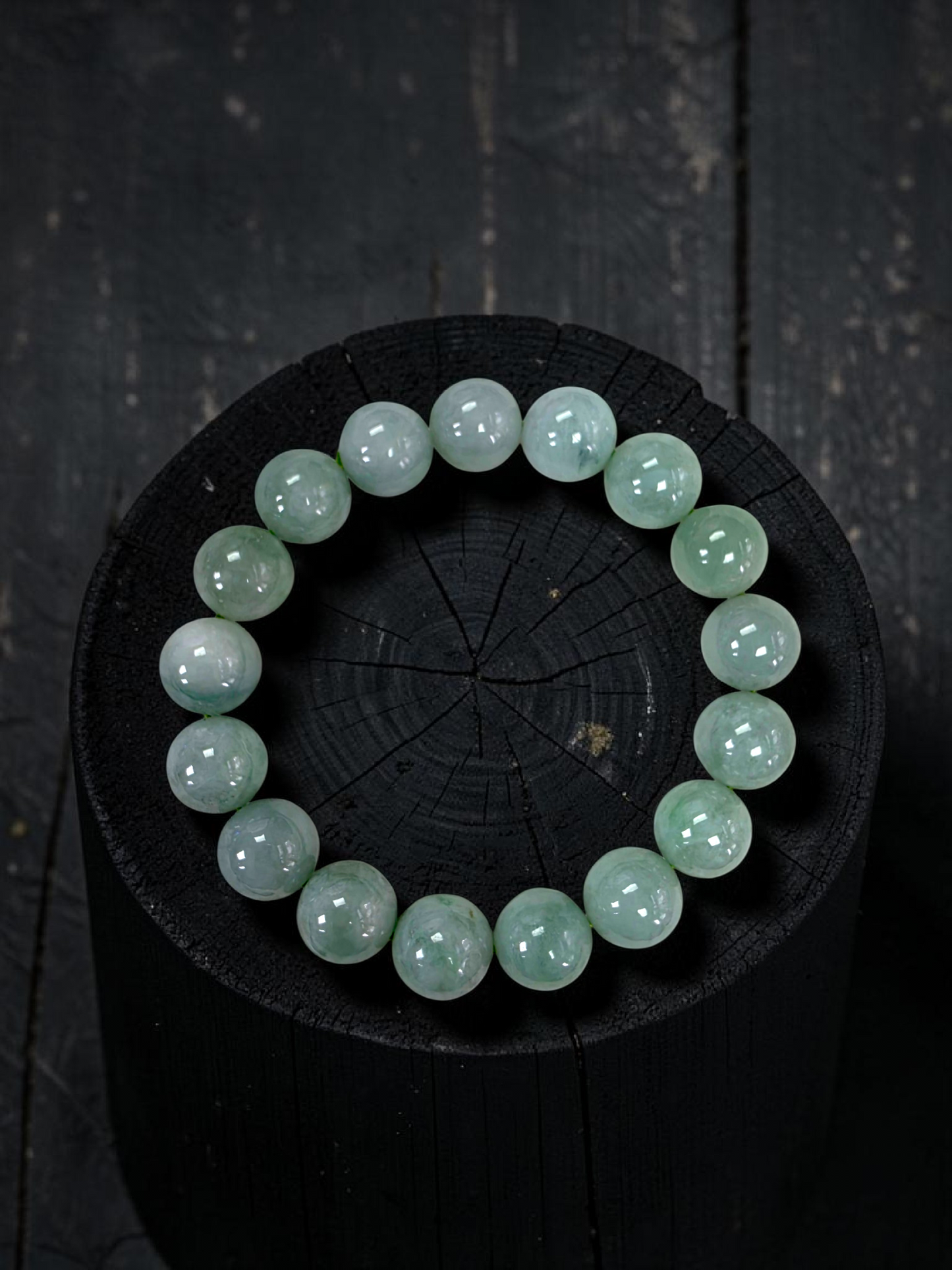 Japanese Winter Green Burmese A-Jade Beaded Bracelet (MADE IN JAPAN) (12.00 - 12.50 mm Each x 17 beads) 05054