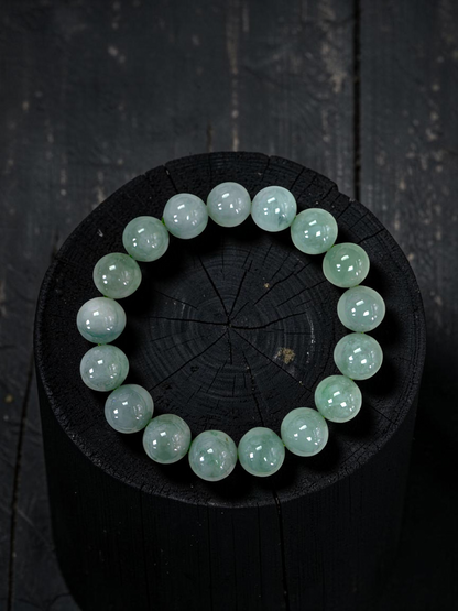 Japanese Winter Green Burmese A-Jade Beaded Bracelet (MADE IN JAPAN) (12.00 - 12.50 mm Each x 17 beads) 05054