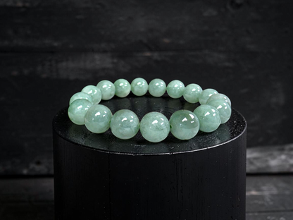 Japanese Winter Green Burmese A-Jade Beaded Bracelet (MADE IN JAPAN) (12.00 - 12.50 mm Each x 17 beads) 05055