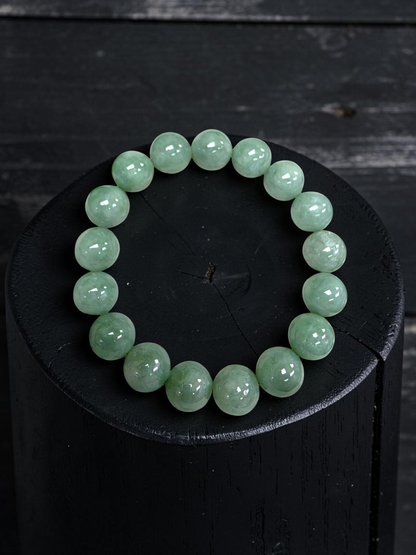 Japanese Winter Green Burmese A-Jade Beaded Bracelet (MADE IN JAPAN) (12.00 - 12.50 mm Each x 17 beads) 05055