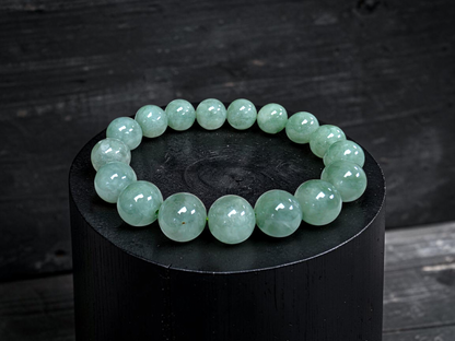 Japanese Winter Green Burmese A-Jade Beaded Bracelet (MADE IN JAPAN) (12.00 - 12.50 mm Each x 17 beads) 05055