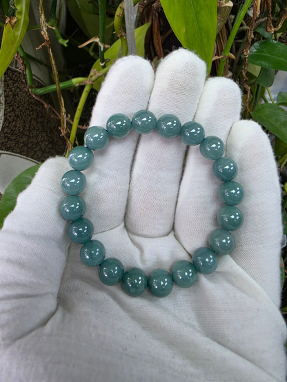 Japanese Blue-Green Guatemala A-Jade Icy Beaded Bracelet (MADE IN JAPAN) (9.5-10mm Each x 20 beads) 05058