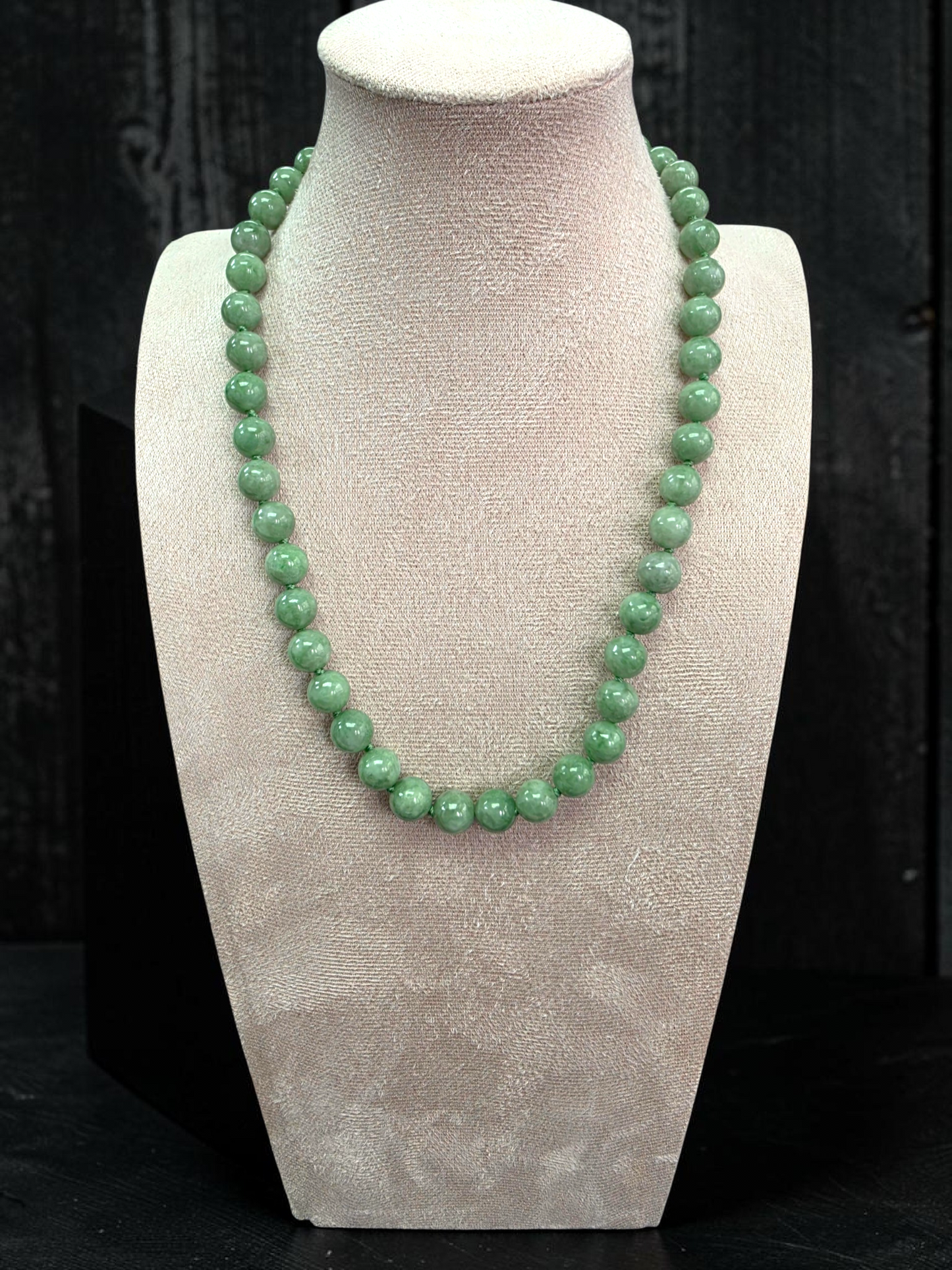Winter Green Burmese A-Jade Beaded Long Necklace - 17.80 inches (9mm Each x 46 Beads) with Sterling Silver 925 - 10014