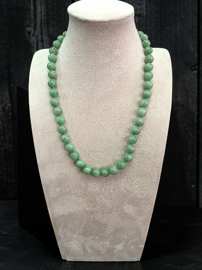 Winter Green Burmese A-Jade Beaded Long Necklace - 17.80 inches (9mm Each x 46 Beads) with Sterling Silver 925 - 10014