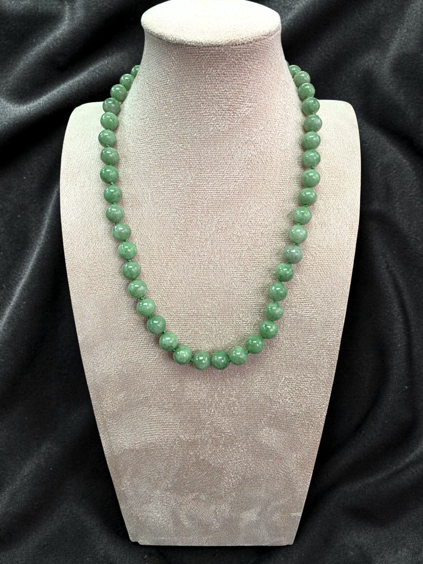 Winter Green Burmese A-Jade Beaded Long Necklace - 17.80 inches (9mm Each x 46 Beads) with Sterling Silver 925 - 10014